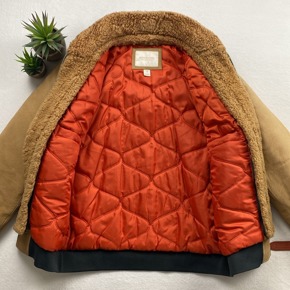 Scotch & Soda Buffalo Leather Removable Faux Shearling Aviator Bomber Jacket - Picture 3 of 16
